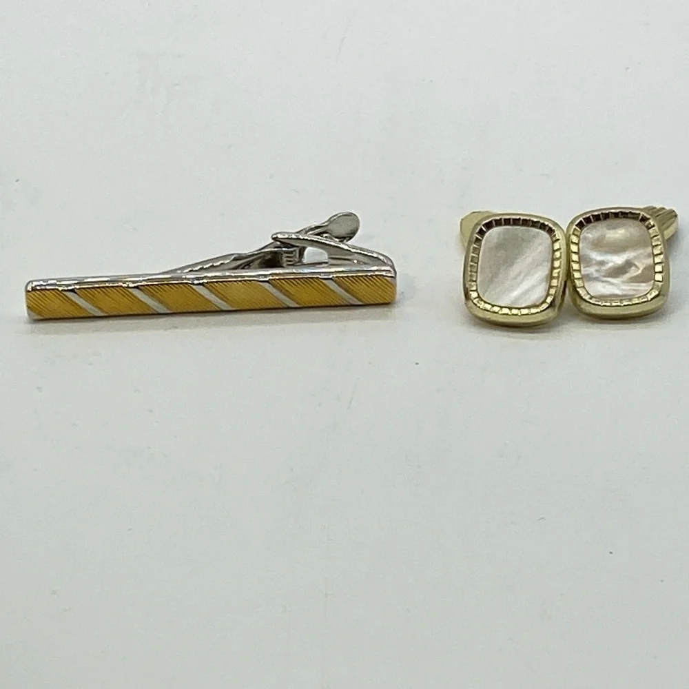 Tie Pin Men’s & Mother of Pearl Cufflinks Gold Tone EUC